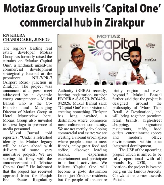 Motiaz Group Unveils 'Capital One' Commercial Hub in Zirakpur
